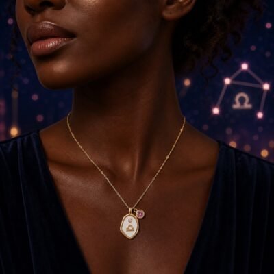 libra-pearlescent-zodiac-birthstone-necklace-03-worn-deep Libra Pearlescent Zodiac Birthstone Necklace