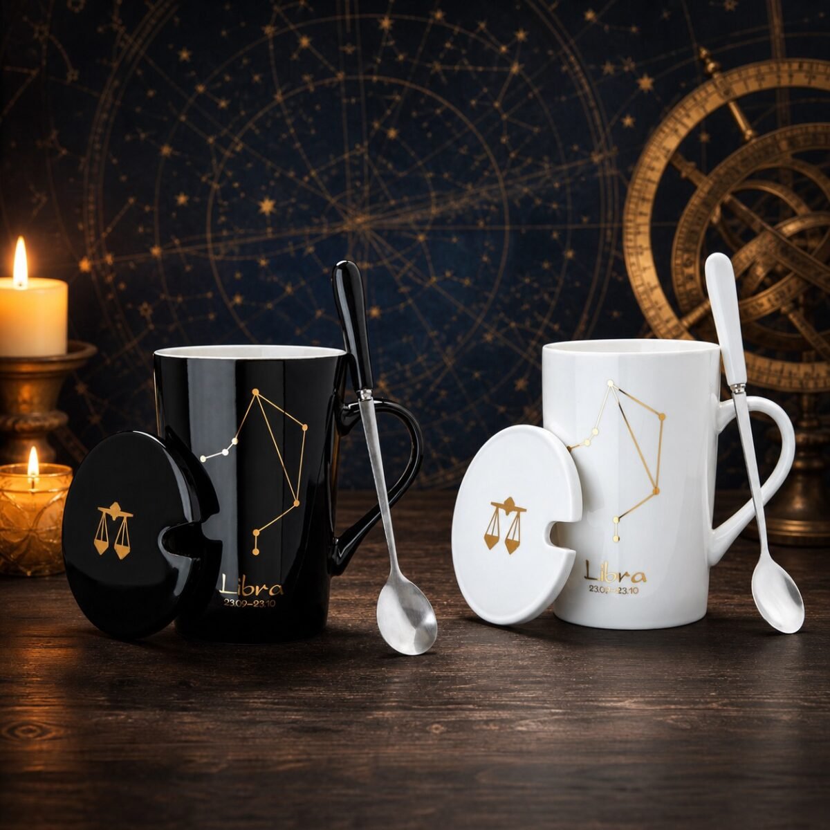 Libra Ceramic Mug Set with gold-fired constellation design, ceramic lid, and spoon