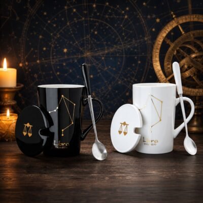 Libra Ceramic Mug Set with gold-fired constellation design, ceramic lid, and spoon
