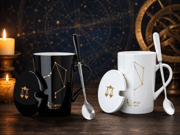 Libra Ceramic Mug Set with gold-fired constellation design, ceramic lid, and spoon