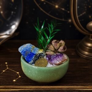 Libra Crystal Micro-Landscape Desk Decor with amethyst, clear quartz, botanical accents, and zodiac medallion