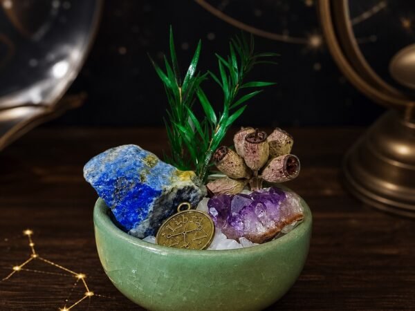 libra-zodiac-crystal-micro-landscape-desk-decor-01-main Libra Crystal Micro-Landscape Desk Decor with amethyst, clear quartz, botanical accents, and zodiac medallion