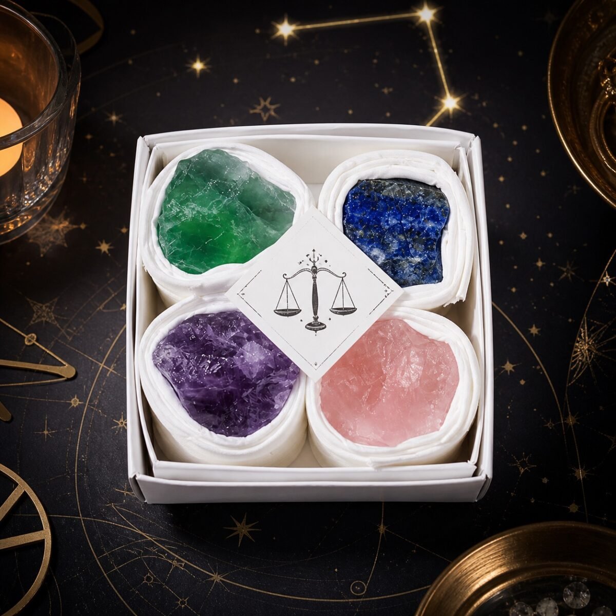 libra-zodiac-four-raw-crystal-gift-set-01-box Libra Four Raw Crystal Gift Set in a box with four natural raw stones