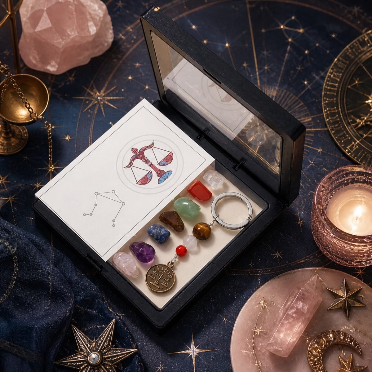 Libra Seven Chakra Crystal Keychain with seven raw stones, three accent beads, and brass-tone medallion