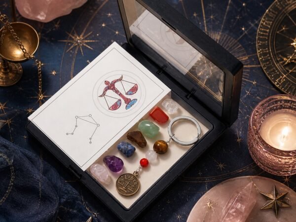 Libra Seven Chakra Crystal Keychain with seven raw stones, three accent beads, and brass-tone medallion