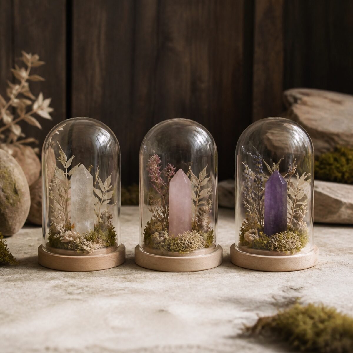 Mini Forest Crystal Dome Gardens with a natural crystal moss and dried botanicals under a clear glass cloche