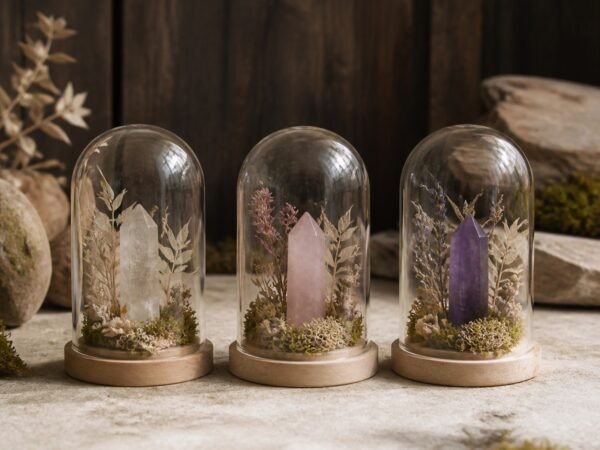 Mini Forest Crystal Dome Gardens with a natural crystal moss and dried botanicals under a clear glass cloche