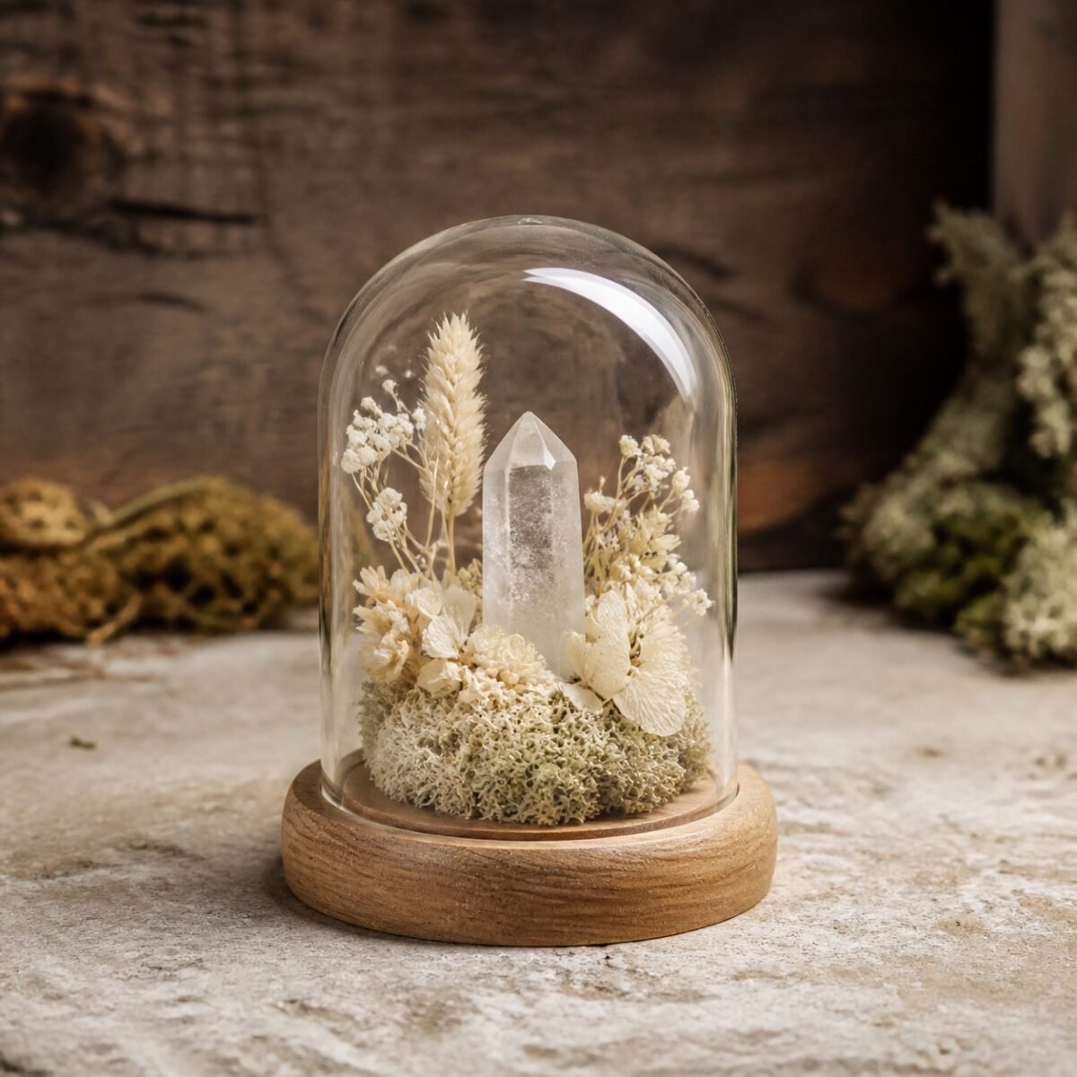 White Crystal Mini Dome with a natural white crystal moss and dried botanicals under a clear glass dome