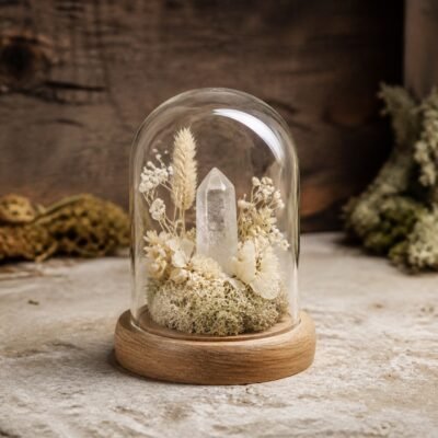White Crystal Mini Dome with a natural white crystal moss and dried botanicals under a clear glass dome