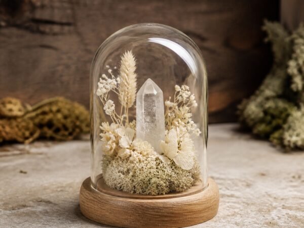 mini-forest-crystal-dome-gardens-02-white-crystal White Crystal Mini Dome with a natural white crystal moss and dried botanicals under a clear glass dome