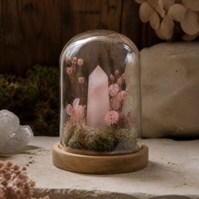mini-forest-crystal-dome-gardens-03-pink-crystal Pink Crystal Mini Dome with a pink crystal, moss, and dried botanicals beneath a glass dome