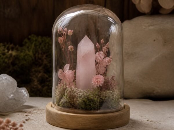 Pink Crystal Mini Dome with a pink crystal, moss, and dried botanicals beneath a glass dome