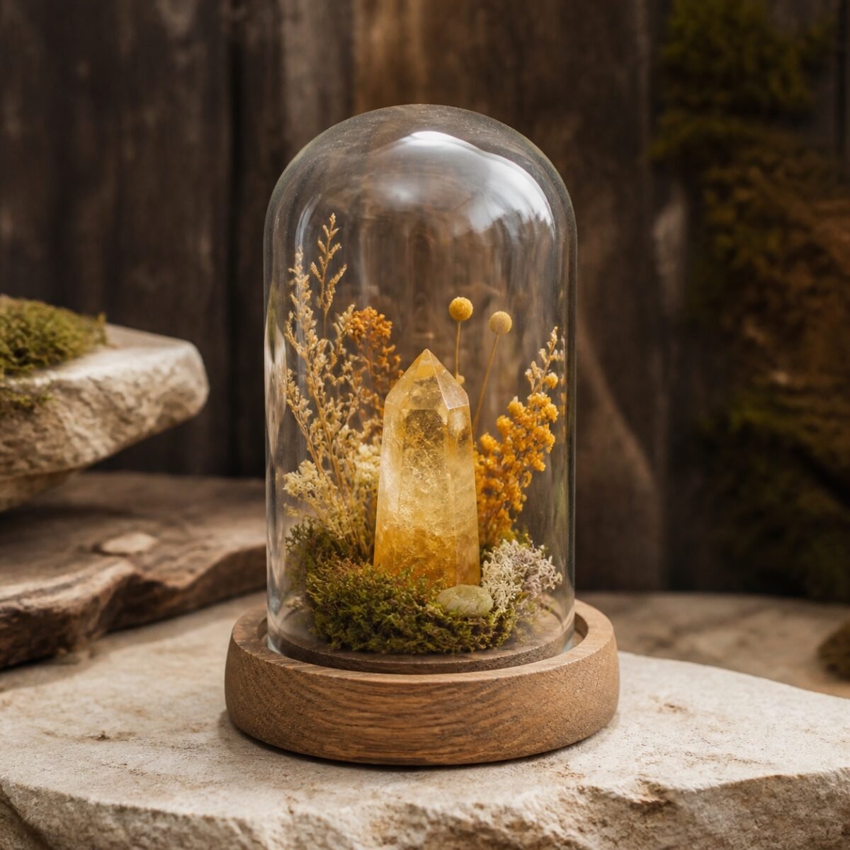 mini-forest-crystal-dome-gardens-04-yellow-crystal Yellow Crystal Mini Dome with a yellow crystal, moss, and dried botanicals beneath a glass dome