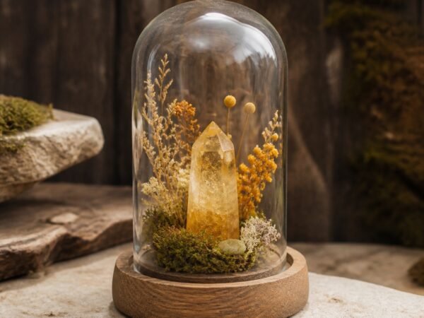 Yellow Crystal Mini Dome with a yellow crystal, moss, and dried botanicals beneath a glass dome