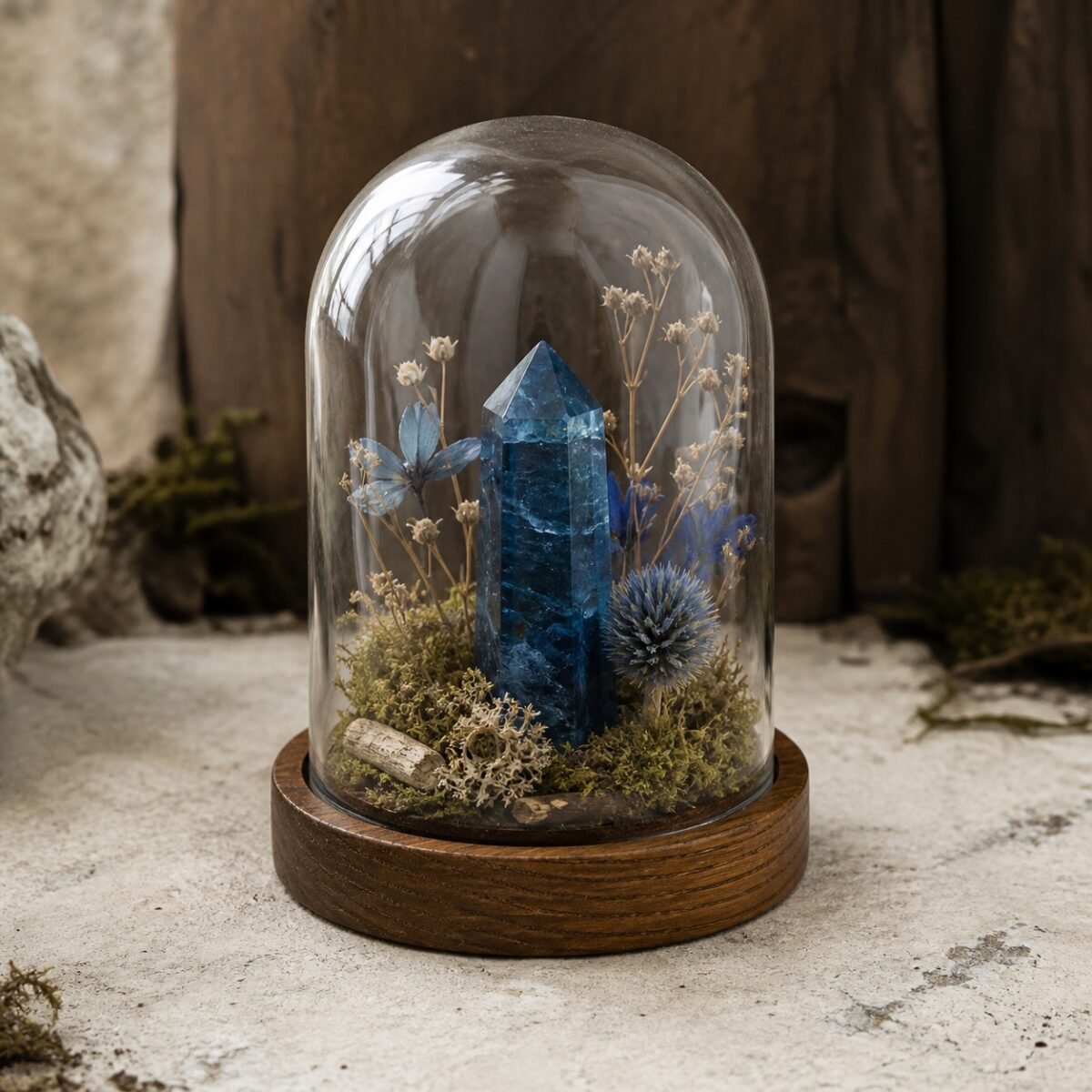 Blue Apatite Mini Intention Crystal Dome with a blue crystal, moss, and dried botanicals beneath clear glass