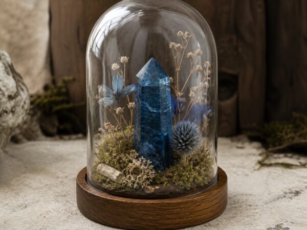 Blue Apatite Mini Intention Crystal Dome with a blue crystal, moss, and dried botanicals beneath clear glass