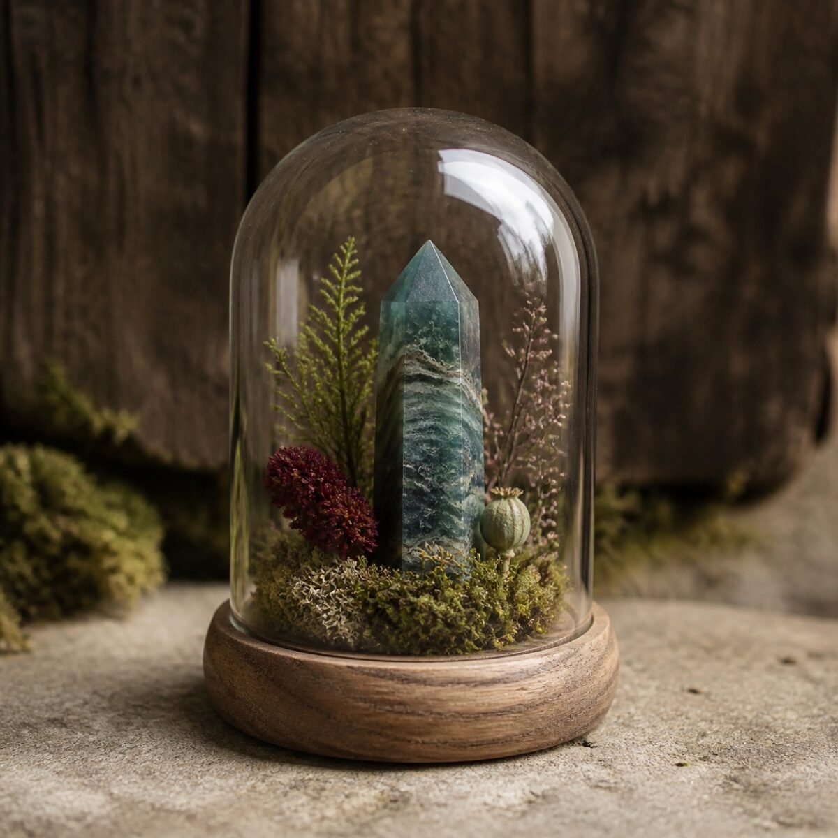 mini-forest-crystal-dome-gardens-06-moss-agate Moss Agate Mini Dome with moss and dried botanicals beneath a glass dome