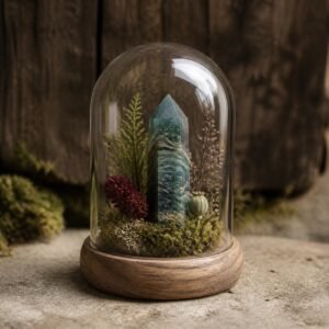 Moss Agate Mini Dome with moss and dried botanicals beneath a glass dome