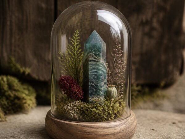 mini-forest-crystal-dome-gardens-06-moss-agate Moss Agate Mini Dome with moss and dried botanicals beneath a glass dome