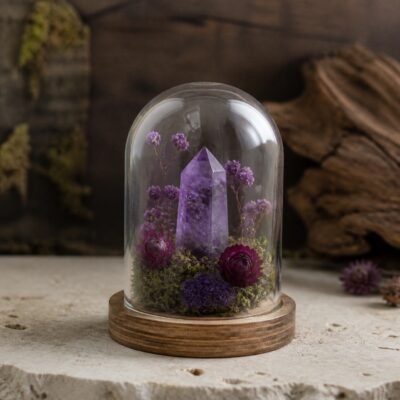 Amethyst Mini Intention Crystal Dome with a natural amethyst centerpiece among moss and dried botanicals beneath a clear glass dome