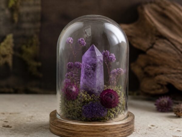 mini-forest-crystal-dome-gardens-07-amethyst Amethyst Mini Intention Crystal Dome with a natural amethyst centerpiece among moss and dried botanicals beneath a clear glass dome