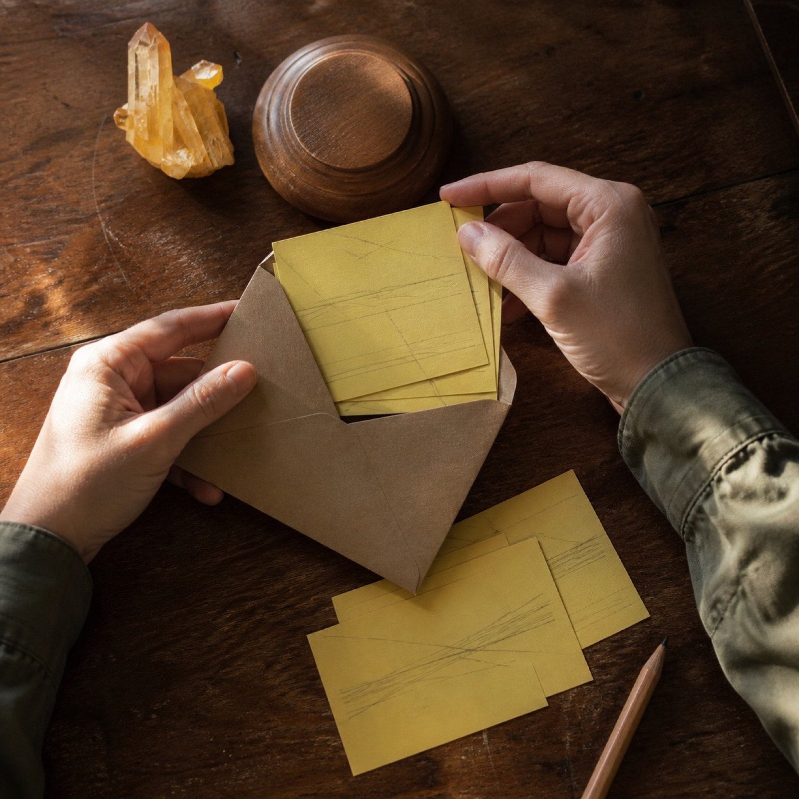 Hands collect completed yellow task cards into a paper envelope beside a yellow crystal