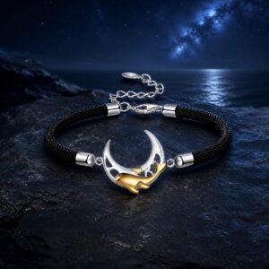Moon & Shell Couple Bracelet Set - Black Moon & Golden Fish Bracelet