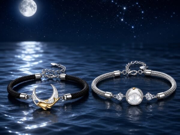 moon-shell-couple-bracelet-set-couple-set-01 Moon & Shell Couple Bracelet Set with crescent moon, golden fish, and silver shell motifs