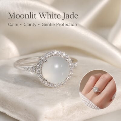 Moonlit White Jade Halo Ring with a white cabochon and clear-stone halo, shown on satin with a fit inset.