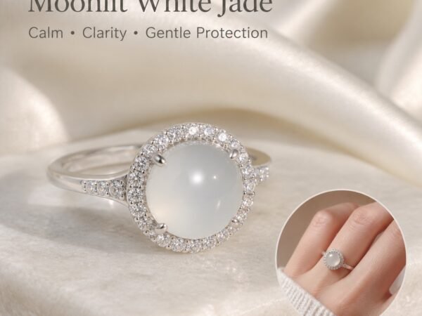 Moonlit White Jade Halo Ring with a white cabochon and clear-stone halo, shown on satin with a fit inset.