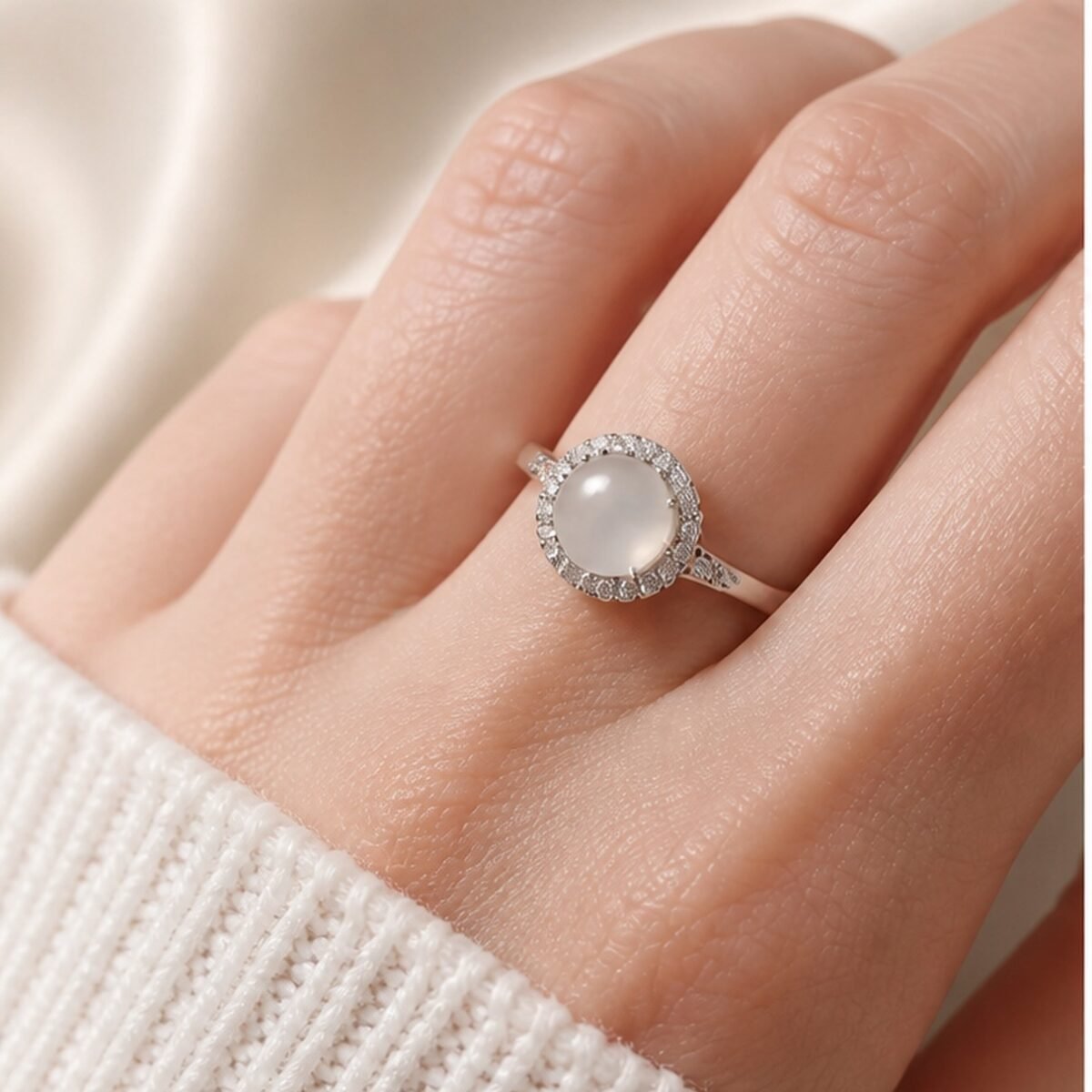 Moonlit White Jade Halo Ring