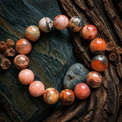 Coral Jade Bracelet with polished round beads in coral, peach, and cream tones