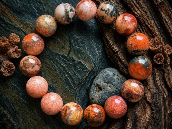 Coral Jade Bracelet with polished round beads in coral, peach, and cream tones
