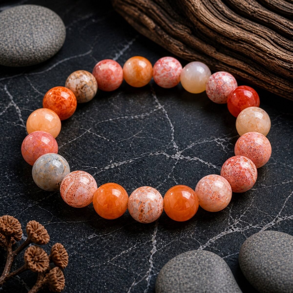 Natural Coral Jade Bead Bracelet