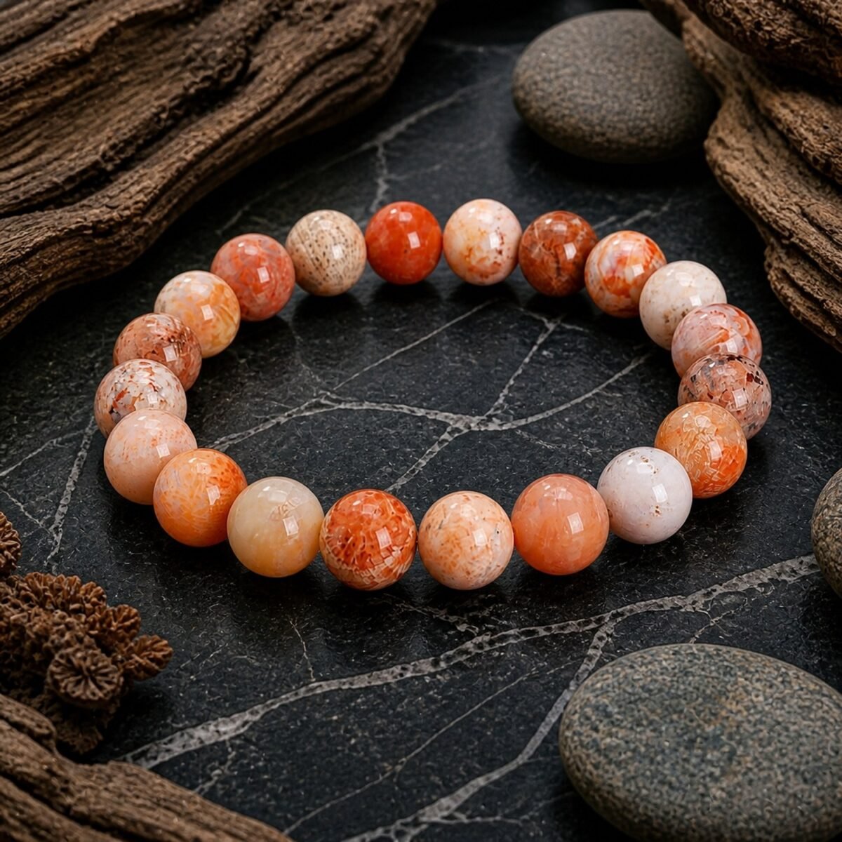 Natural Coral Jade Bead Bracelet