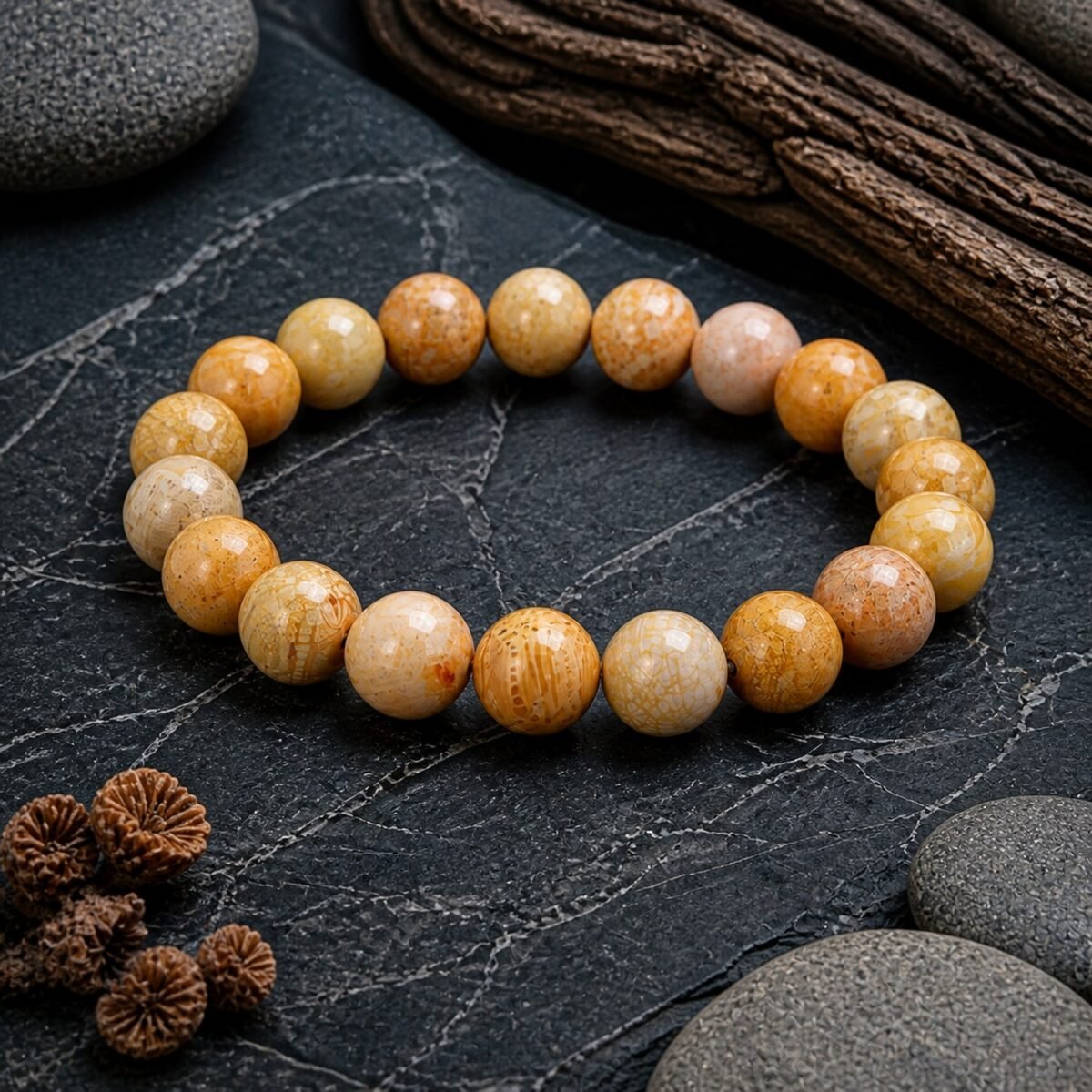 Natural Coral Jade Bead Bracelet