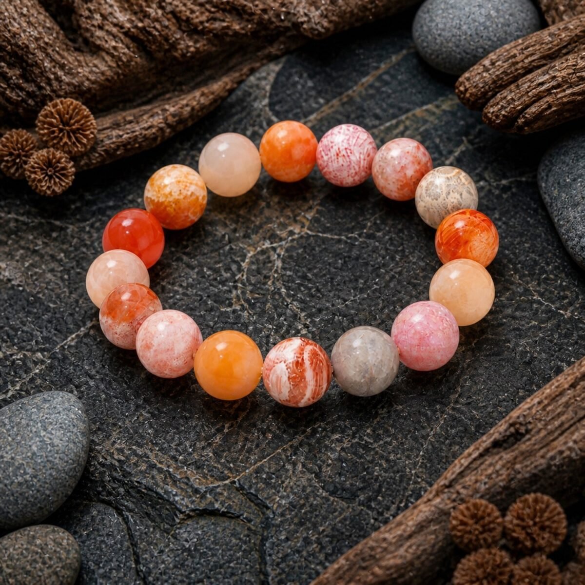 Natural Coral Jade Bead Bracelet