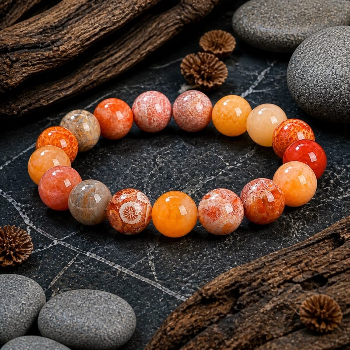 Natural Coral Jade Bead Bracelet