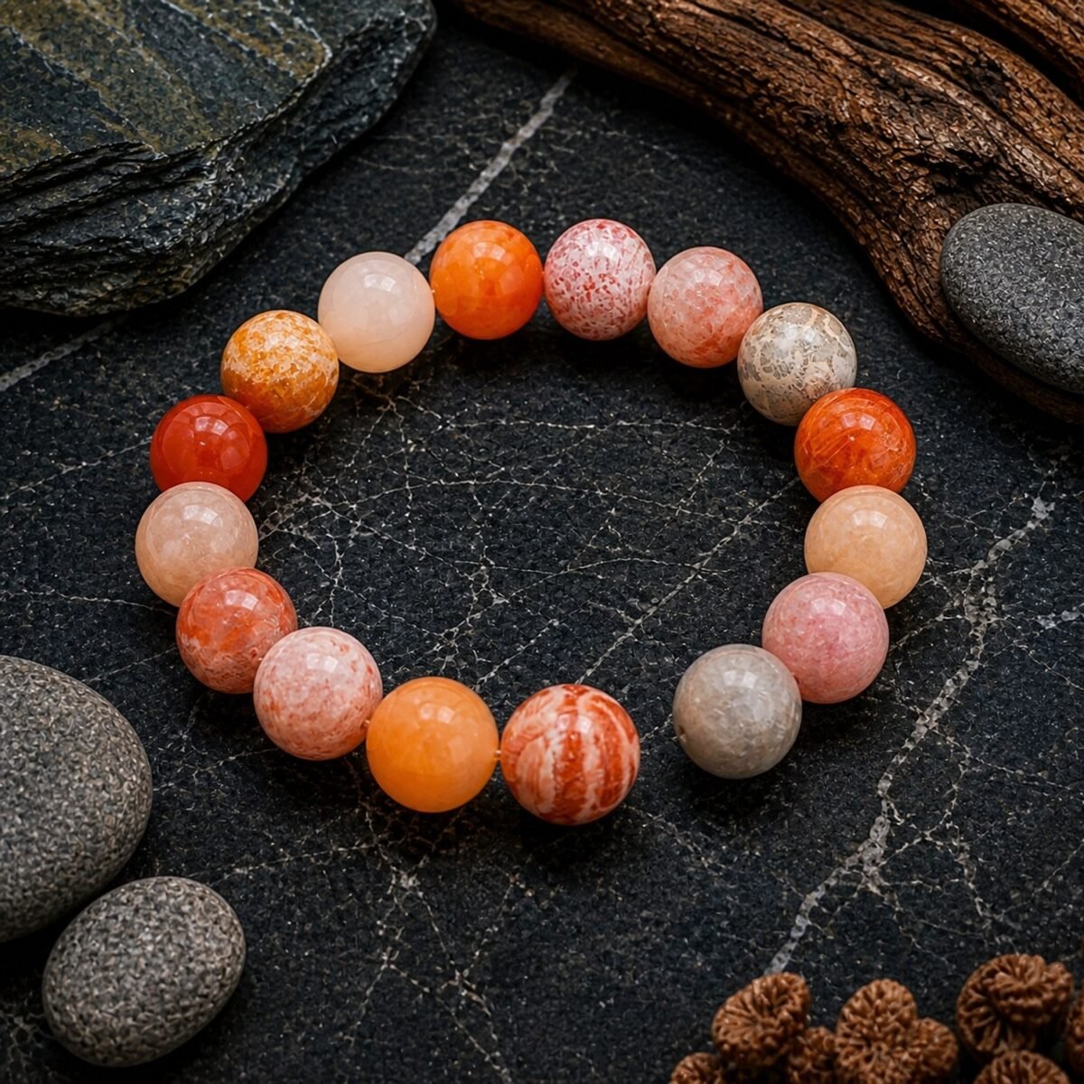 Natural Coral Jade Bead Bracelet