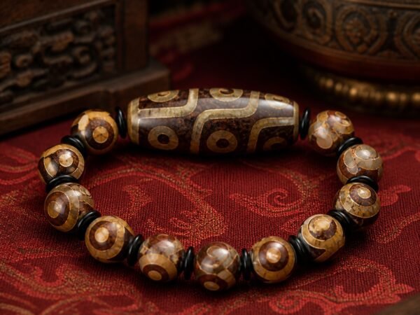 Tibetan Dzi bracelet with nine-eye chalcedony Dzi-style focal bead, earth-toned patterning and elastic cord