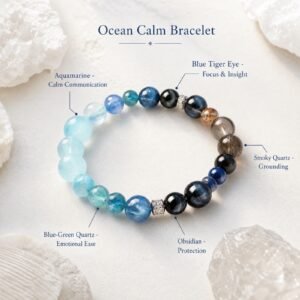 Aquamarine Tiger Eye Bracelet with aquamarine, blue-green, smoky, and dark crystal beads on a white product card.