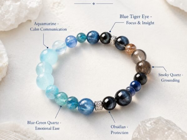 Aquamarine Tiger Eye Bracelet with aquamarine, blue-green, smoky, and dark crystal beads on a white product card.