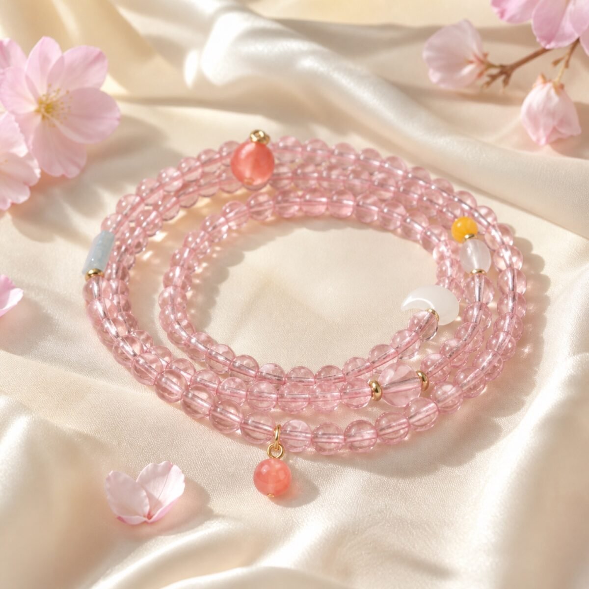 Convertible Wrap Bracelet Necklace in blush pink stones arranged in a layered circle.