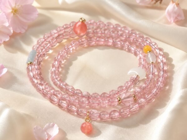 peach-blossom-love-charm-wrap-bracelet-necklace-06-generated-lifestyle Convertible Wrap Bracelet Necklace in blush pink stones arranged in a layered circle.
