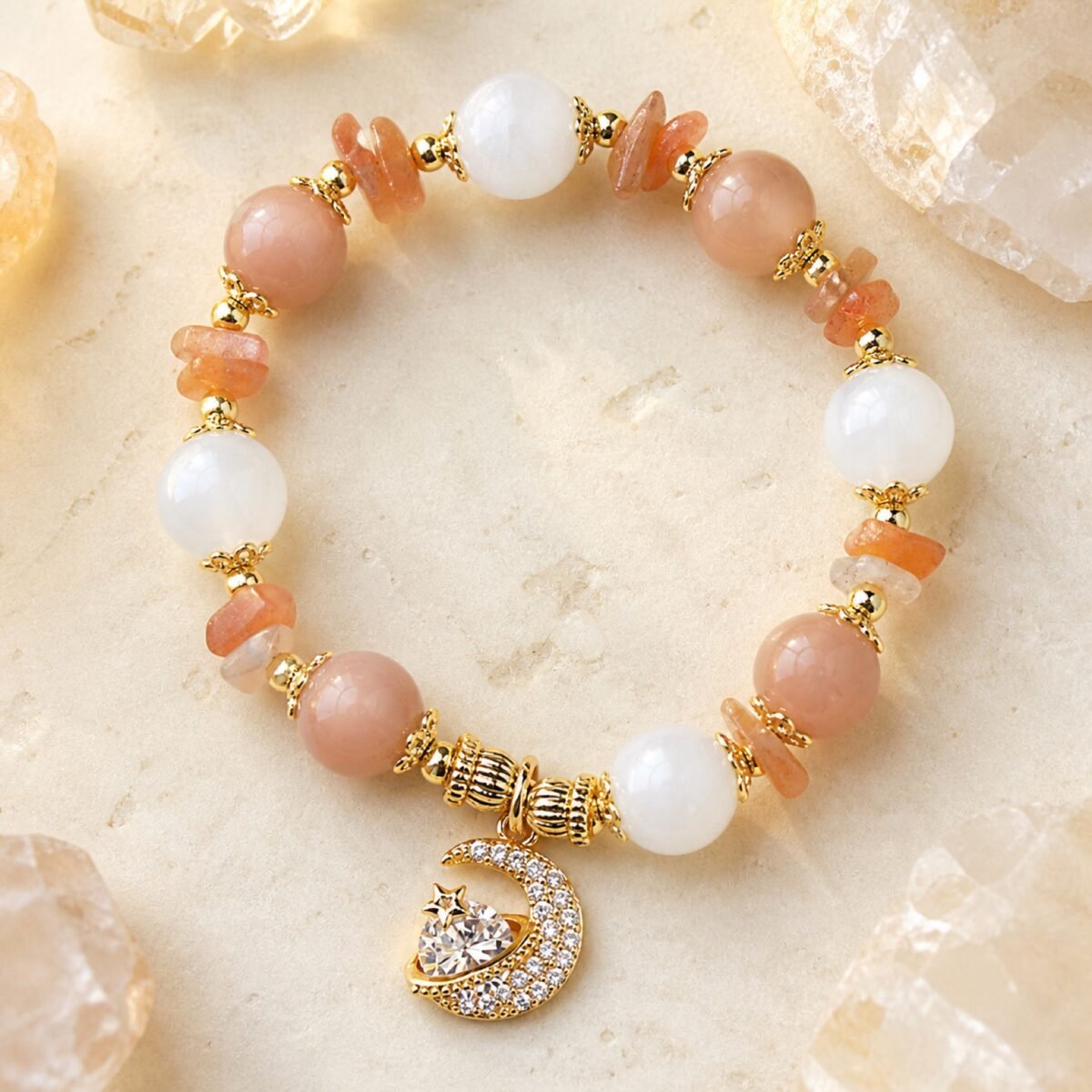 Peach Moonstone Moon Princess Bracelet with polished peach moonstone beads and celestial accents