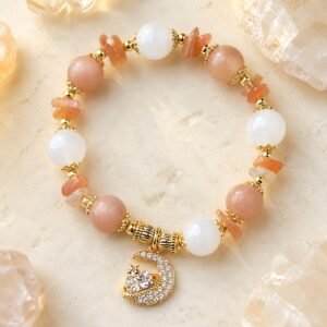 Peach Moonstone Moon Princess Bracelet with polished peach moonstone beads and celestial accents