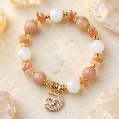 Peach Moonstone Moon Princess Bracelet with polished peach moonstone beads and celestial accents
