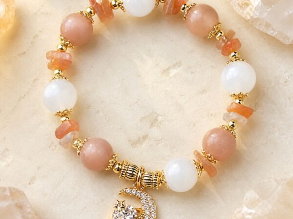 Peach Moonstone Moon Princess Bracelet with polished peach moonstone beads and celestial accents