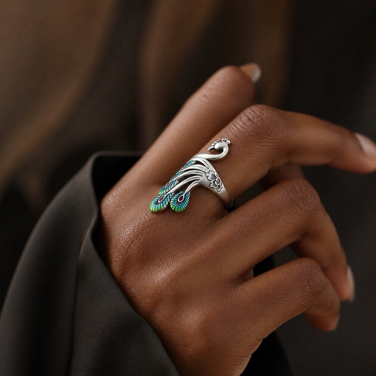 Peacock Grace Adjustable Premium Silver Ring