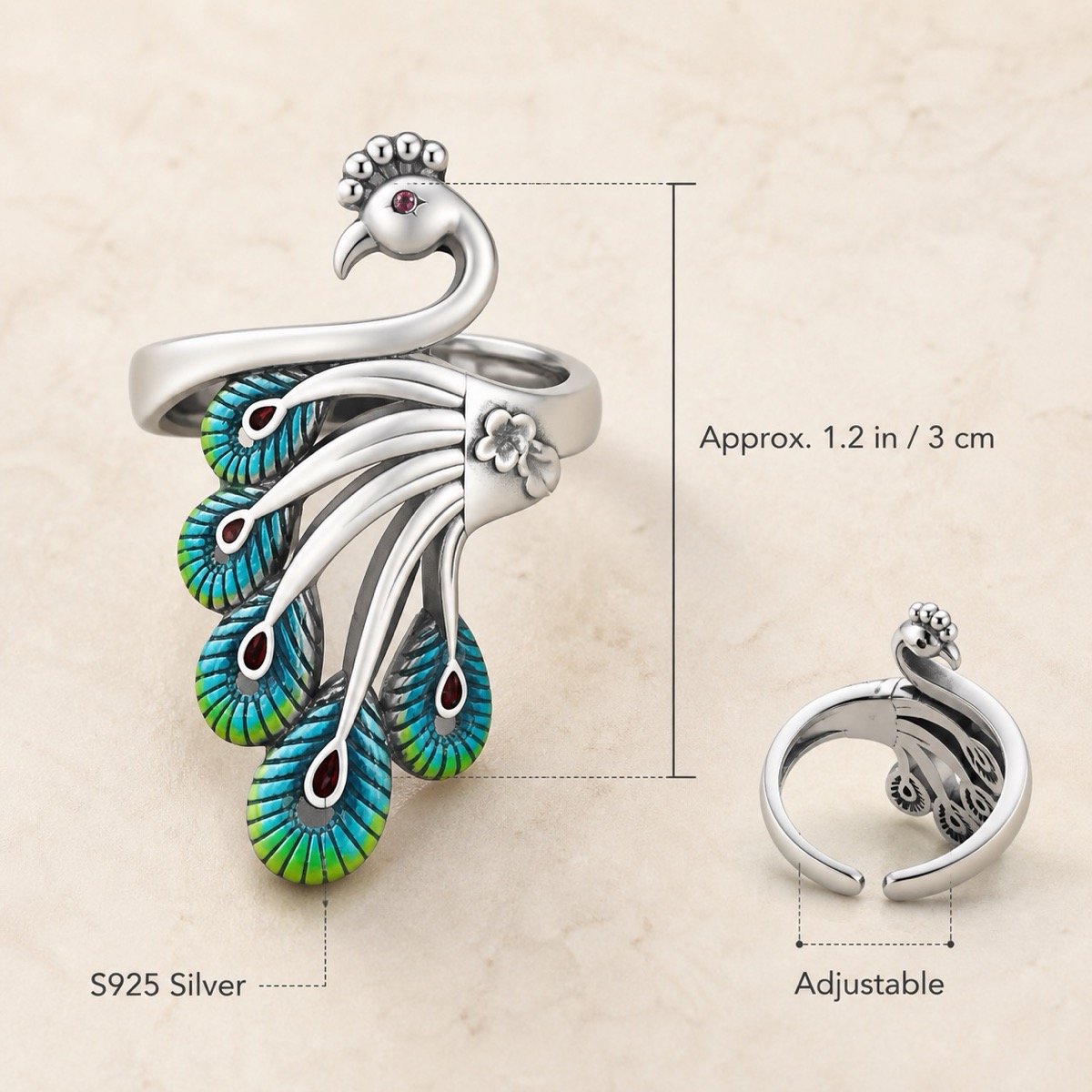 Peacock Grace Adjustable Premium Silver Ring